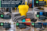 30 gallon universal overpack spill kit shown for manufacturing, machine shops, maintenance, storage, loading docks, utilities and industrial spill response.