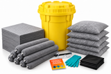 30 gallon universal overpack spill kit with gray absorbent pads, socks, pillows, gloves, goggles, disposal bags and emergency response guidebook.
