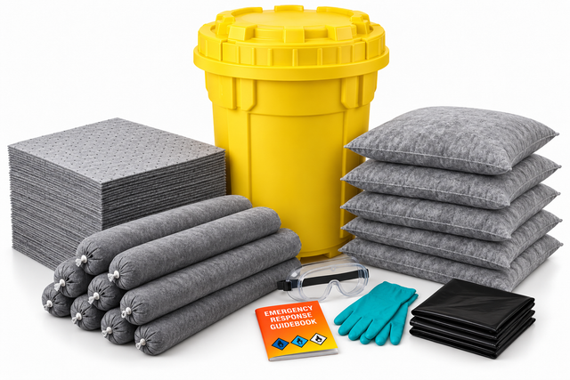30 gallon universal overpack spill kit with gray absorbent pads, socks, pillows, gloves, goggles, disposal bags and emergency response guidebook.