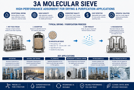 3A molecular sieve applications for compressed air drying, natural gas dehydration, refrigerant and chemical drying, petrochemicals, and industrial moisture removal.
