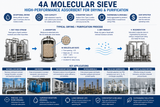 4A molecular sieve applications for natural gas drying, compressed air drying, refrigerant dehydration, petrochemicals, PSA gas separation, and solvent drying.