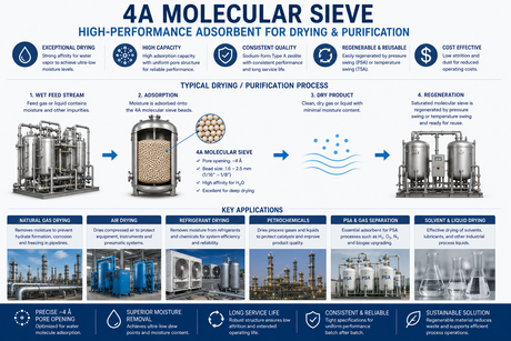 4A molecular sieve applications for natural gas drying, compressed air drying, refrigerant dehydration, petrochemicals, PSA gas separation, and solvent drying.