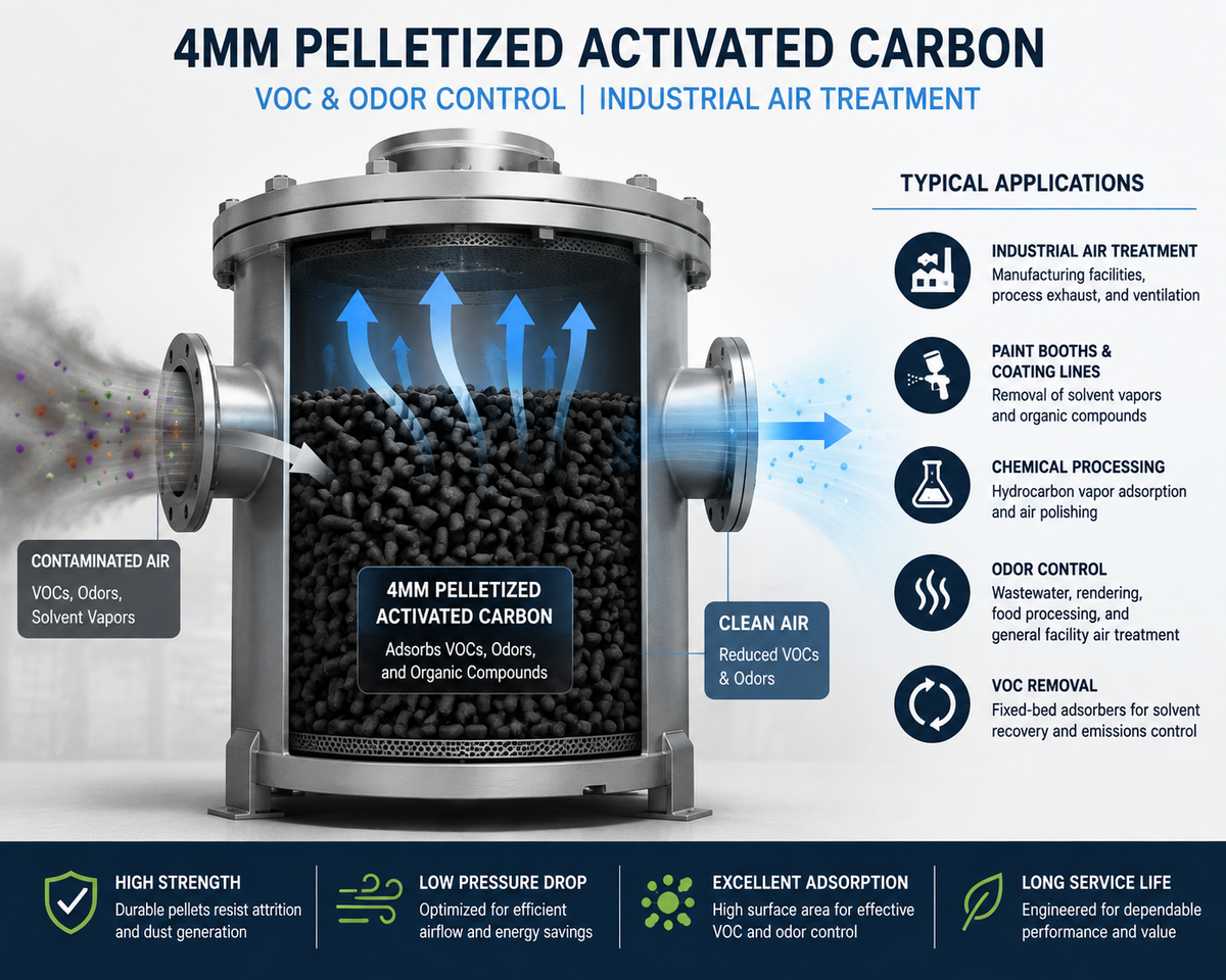 4 mm pelletized activated carbon fixed-bed system for VOC removal, odor control, and industrial air treatment