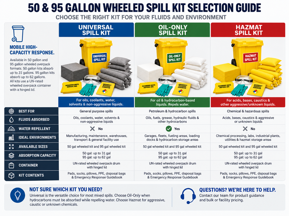50 and 95 gallon wheeled spill kit selection guide comparing Universal, Oil-Only, and Hazmat kits by fluid type, absorbency, container, and typical industrial use.
