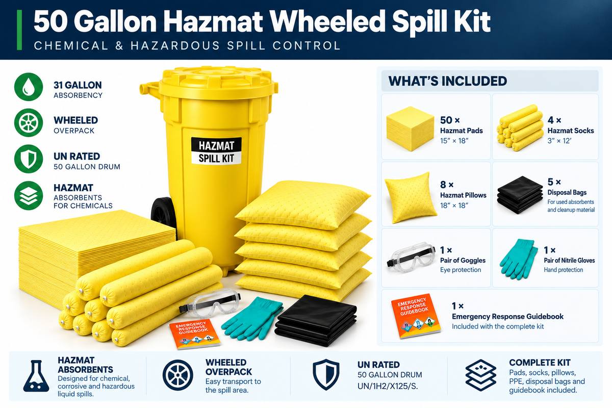 50 gallon Hazmat wheeled spill kit contents including yellow chemical absorbent pads, socks, pillows, disposal bags, goggles, nitrile gloves and emergency response guidebook.
