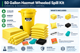50 gallon Hazmat wheeled spill kit contents including yellow chemical absorbent pads, socks, pillows, disposal bags, goggles, nitrile gloves and emergency response guidebook.