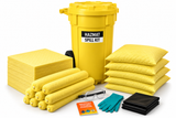 50 gallon Hazmat wheeled spill kit with yellow chemical absorbent pads, socks, pillows, gloves, goggles and spill response supplies.