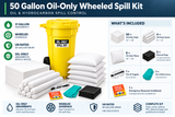 50 gallon oil-only wheeled spill kit contents including white absorbent pads, socks, pillows, disposal bags, goggles, nitrile gloves and emergency response guidebook.