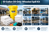 50 gallon oil-only wheeled spill kit shown for fueling stations, fleet maintenance, marine operations, oil storage, loading docks, warehouses and industrial facilities.