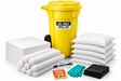 50 gallon oil-only wheeled spill kit with white absorbent pads, socks, pillows, gloves, goggles and spill response supplies.