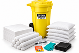 50 gallon oil-only wheeled spill kit with white absorbent pads, socks, pillows, gloves, goggles and spill response supplies.
