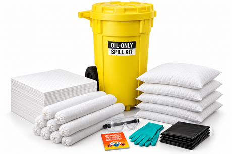 50 gallon oil-only wheeled spill kit with white absorbent pads, socks, pillows, gloves, goggles and spill response supplies.