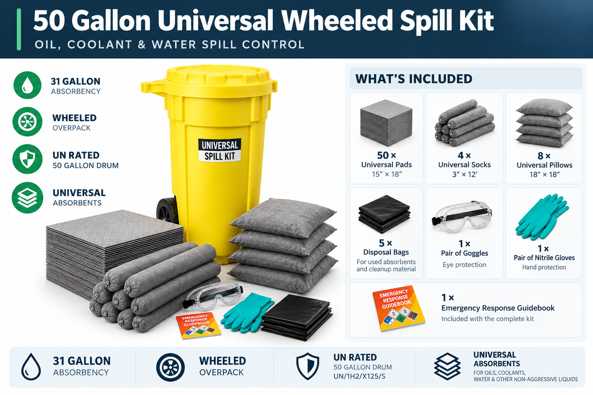 50 gallon universal wheeled spill kit contents including pads, socks, pillows, disposal bags, goggles, nitrile gloves and emergency response guidebook.