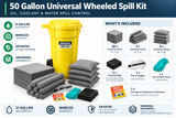 50 gallon universal wheeled spill kit contents including pads, socks, pillows, disposal bags, goggles, nitrile gloves and emergency response guidebook.