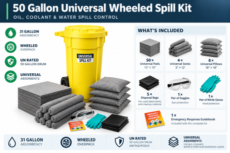 50 gallon universal wheeled spill kit contents including pads, socks, pillows, disposal bags, goggles, nitrile gloves and emergency response guidebook.