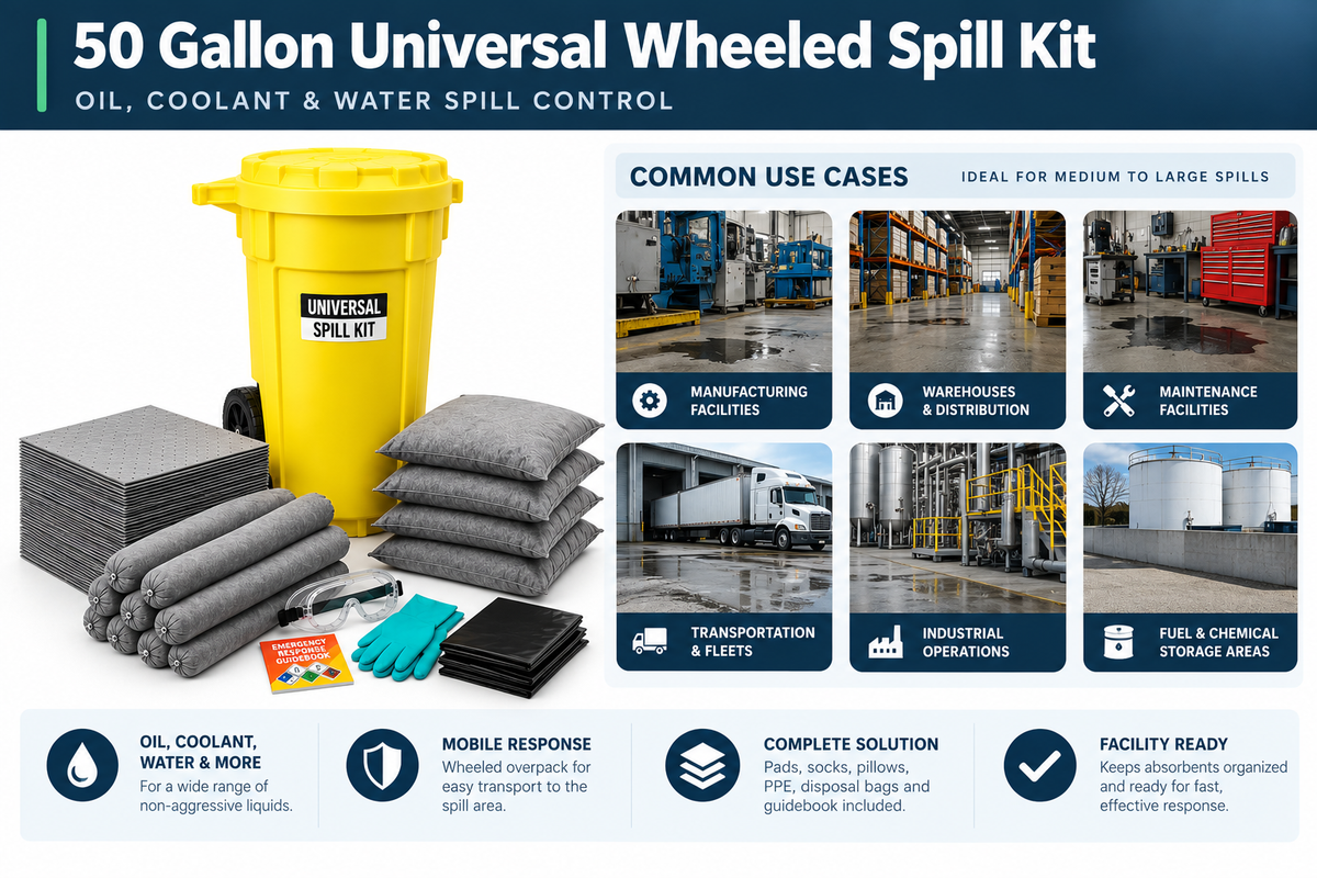 50 gallon universal wheeled spill kit shown for manufacturing, warehouses, maintenance, transportation, industrial operations, and fuel or chemical storage areas.