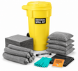 50 gallon universal wheeled spill kit with gray pads, socks, pillows, gloves and spill response supplies.