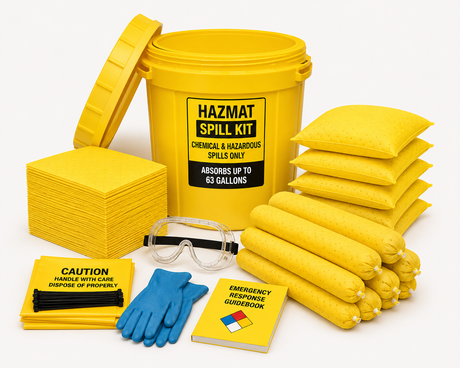 65 gallon Hazmat spill kit with UN-rated overpack drum and chemical absorbents for hazardous spill response