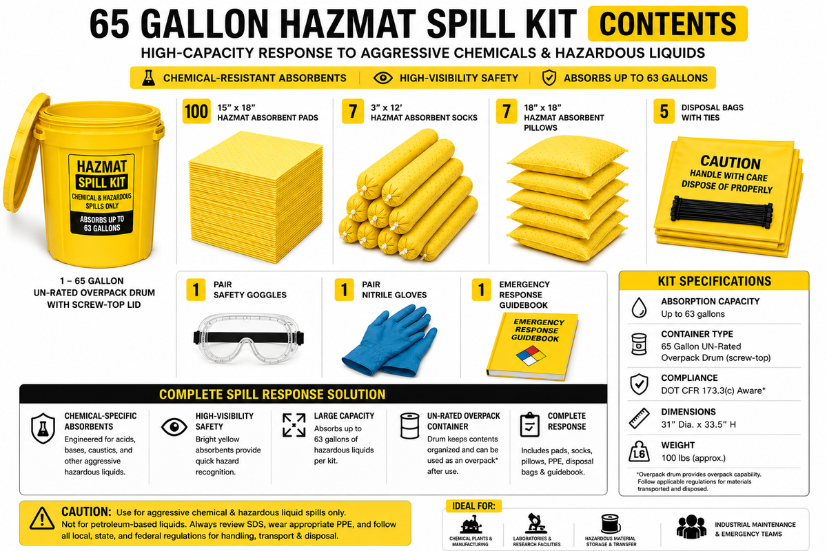 65 gallon Hazmat spill kit contents including chemical absorbent pads, socks, pillows, PPE, disposal bags, and overpack drum