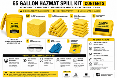 65 gallon Hazmat spill kit contents including chemical absorbent pads, socks, pillows, PPE, disposal bags, and overpack drum