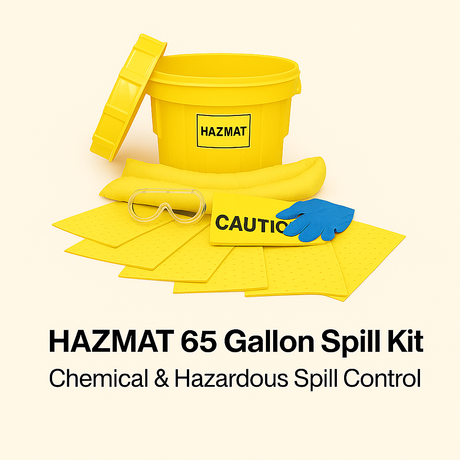 HAZMAT 65 Gallon Spill Kit with yellow bucket, gloves, goggles, and absorbent pads on a white background.