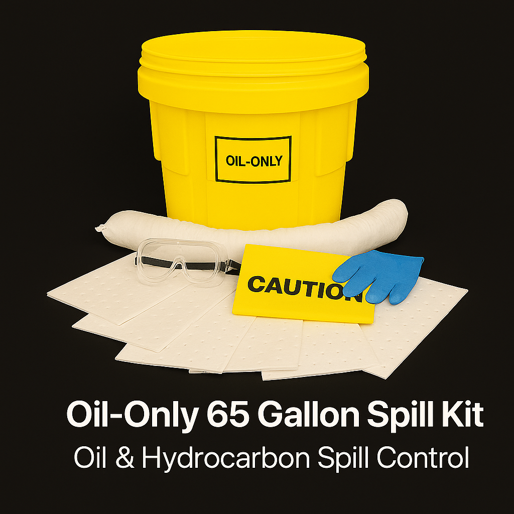 Oil-only 65 gallon spill kit with yellow bucket, gloves, goggles, and towels on a black background