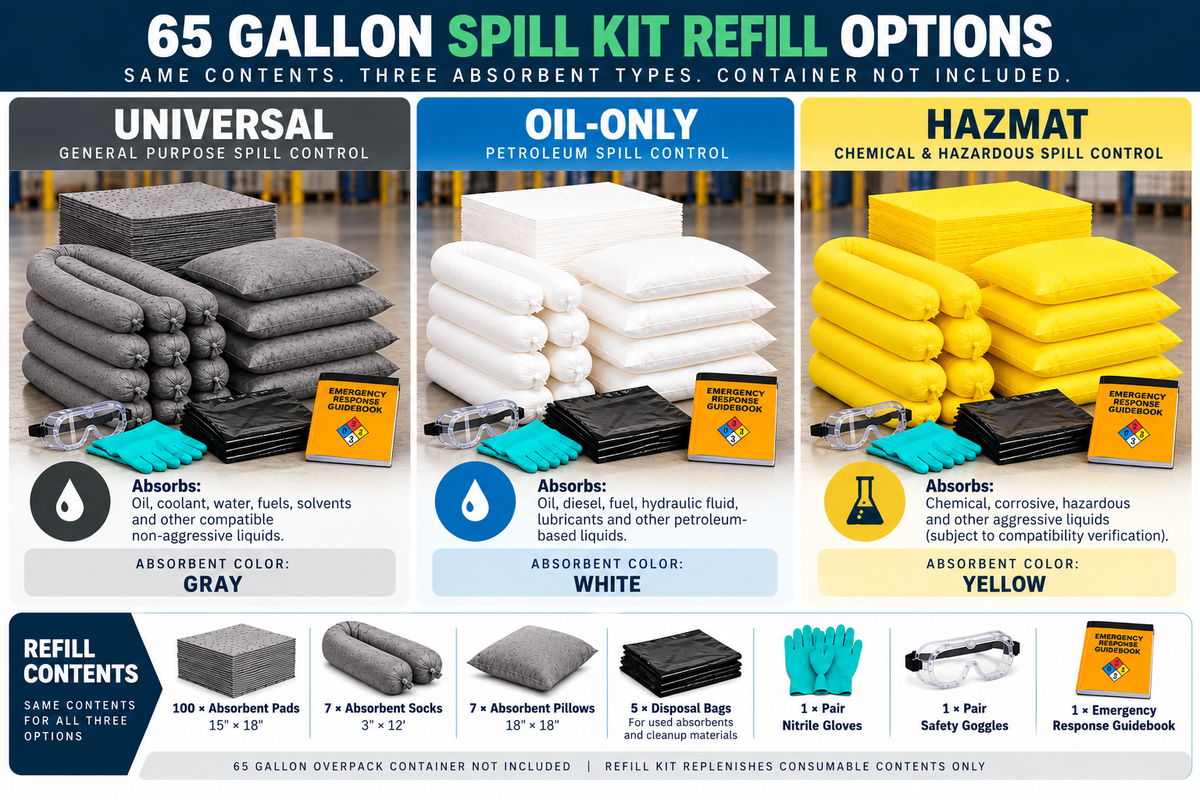 65 gallon spill kit refill selection guide comparing Universal, Oil-Only, and Hazmat absorbents, refill contents, and compatible spill applications.