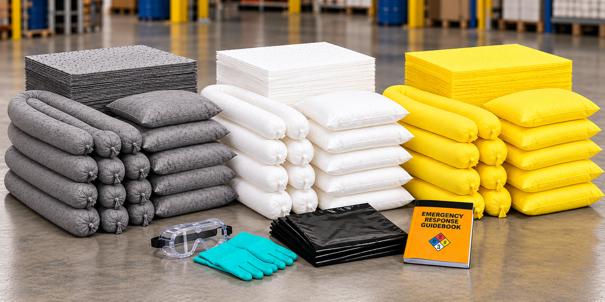 65 gallon spill kit refill with gray universal, white oil-only, and yellow Hazmat absorbents, plus gloves, goggles, disposal bags, and emergency response guidebook.