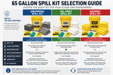 65 gallon spill kit selection guide comparing Universal, Oil-Only and Hazmat kits by fluids, applications and spill type