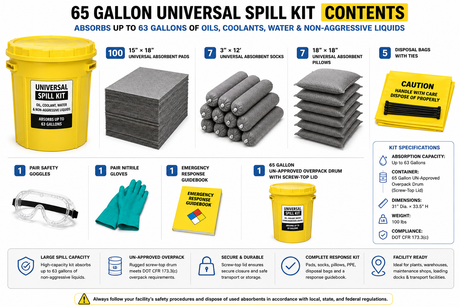 65 gallon universal spill kit contents including absorbent pads, socks, pillows, PPE, disposal bags and overpack drum