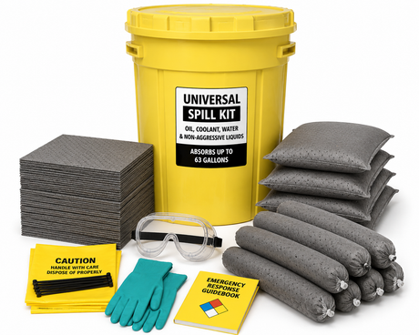 65 gallon universal spill kit with absorbent pads, socks, pillows, PPE and UN-approved overpack drum