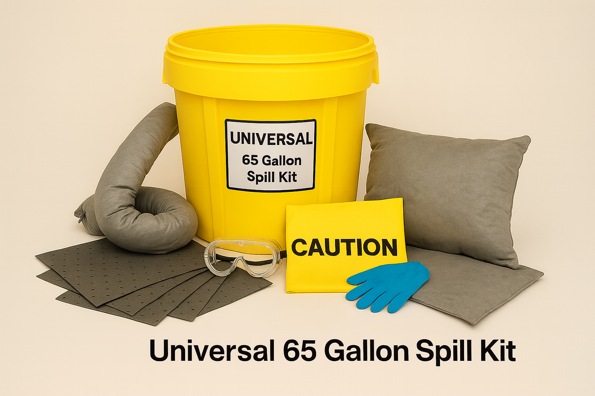 Universal 65 Gallon Spill Kit with yellow bucket, gloves, and absorbent pads on a beige background.