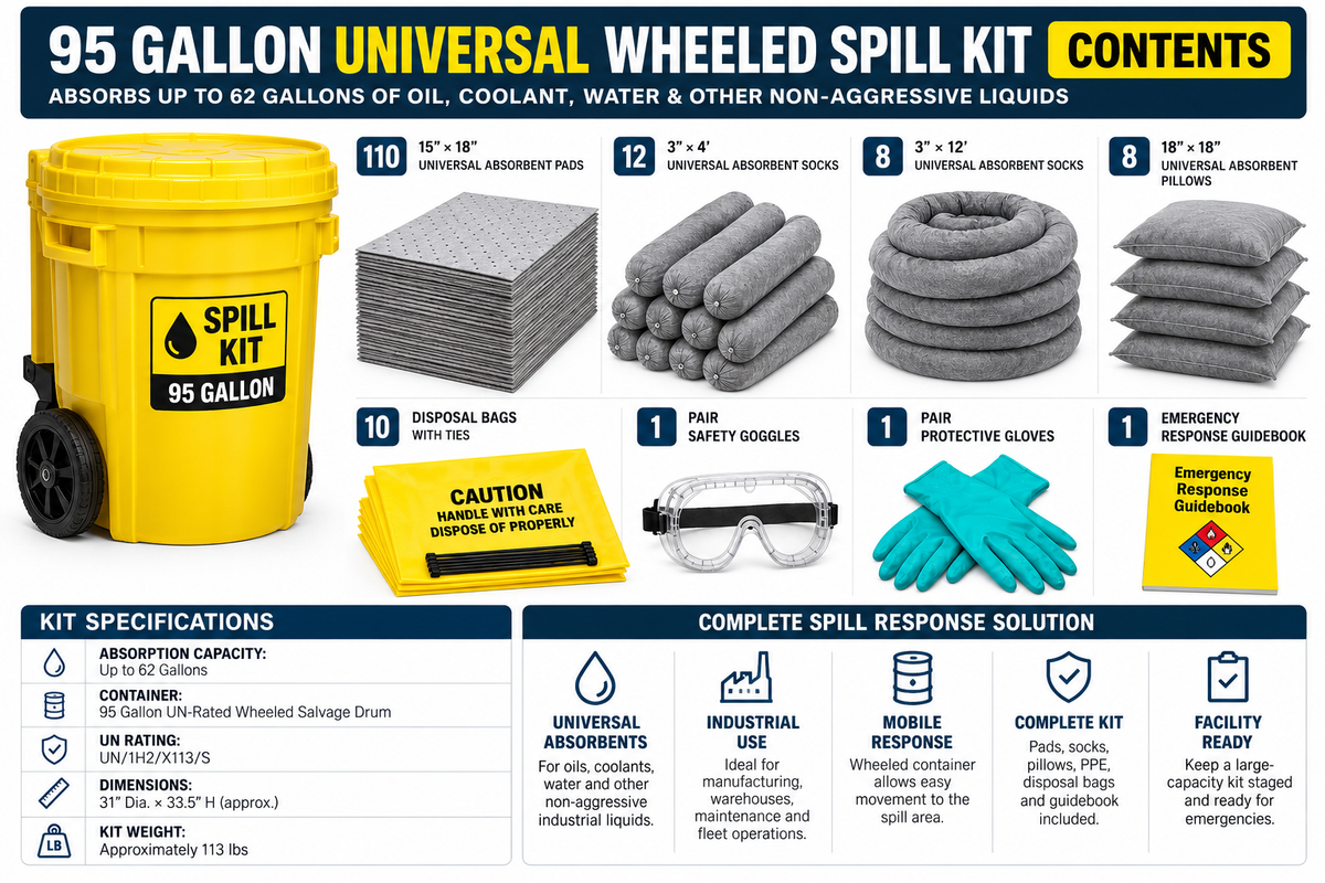 95 gallon universal wheeled spill kit with yellow wheeled overpack container, absorbent pads, socks, pillows, gloves, and goggles for oil, coolant, water, and general liquid spill response.