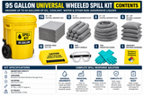 95 gallon universal wheeled spill kit with yellow wheeled overpack container, absorbent pads, socks, pillows, gloves, and goggles for oil, coolant, water, and general liquid spill response.