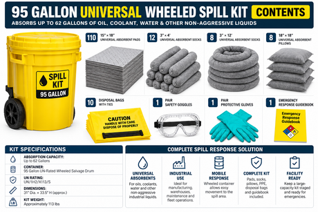 95 gallon universal wheeled spill kit with yellow wheeled overpack container, absorbent pads, socks, pillows, gloves, and goggles for oil, coolant, water, and general liquid spill response.