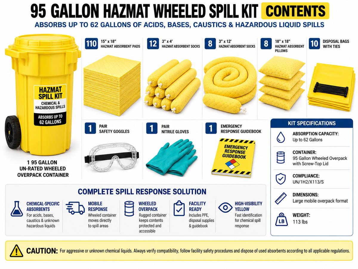 95 gallon Hazmat wheeled spill kit contents showing yellow chemical absorbent pads, socks, pillows, PPE, disposal bags, guidebook, and a yellow wheeled overpack container.
