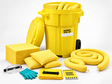 95 gallon Hazmat wheeled spill kit with yellow chemical absorbent pads, socks, pillows, PPE, disposal bags, guidebook, and yellow wheeled overpack container.