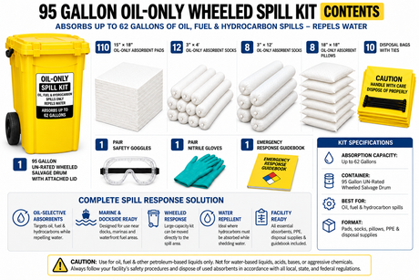 95 gallon oil-only wheeled spill kit contents showing white oil-selective pads, socks, pillows, PPE, disposal bags, guidebook, and yellow wheeled salvage drum.