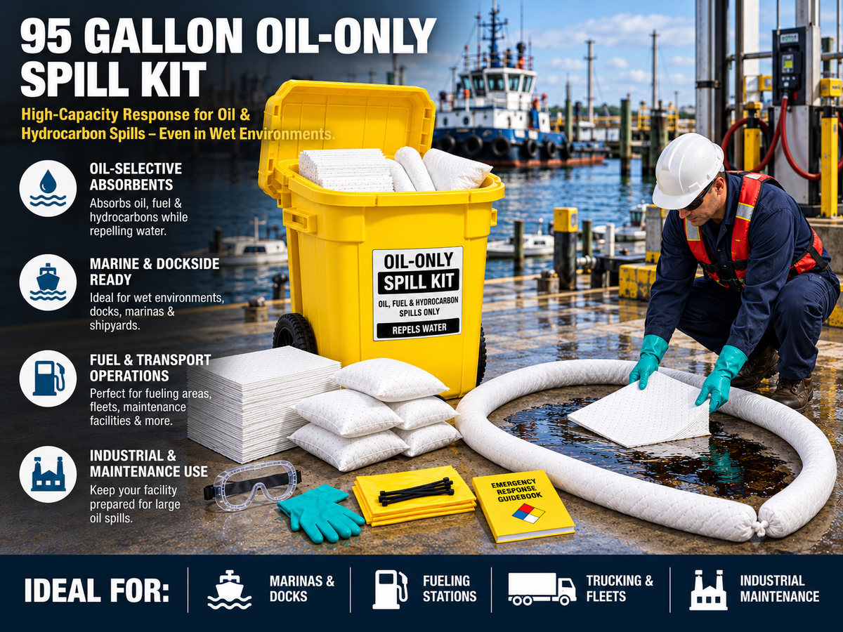 95 gallon oil-only wheeled spill kit used for oil and fuel spill response at a marina or fueling area with white absorbent pads, socks, pillows, PPE, and a yellow wheeled container.