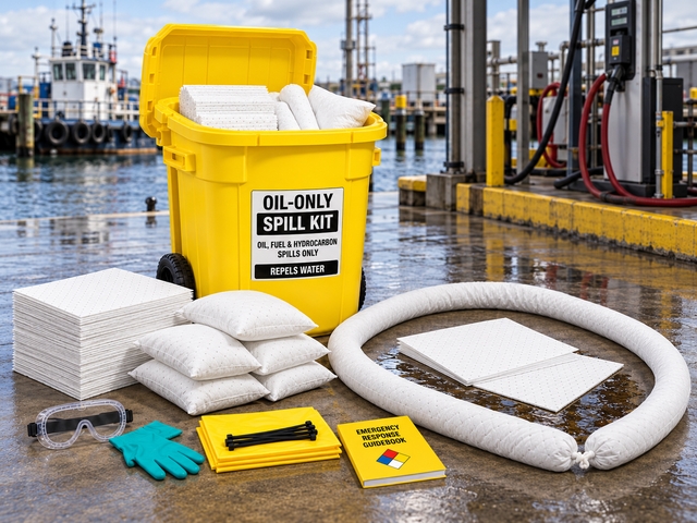 95 gallon oil-only wheeled spill kit with white absorbent pads, socks, pillows, PPE, and a yellow wheeled container for oil, fuel, and hydrocarbon spill response near water.