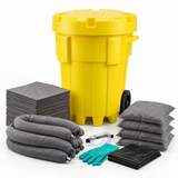 95 gallon universal wheeled spill kit with yellow wheeled overpack container, absorbent pads, socks, pillows, gloves, and goggles for oil, coolant, water, and general liquid spill response.