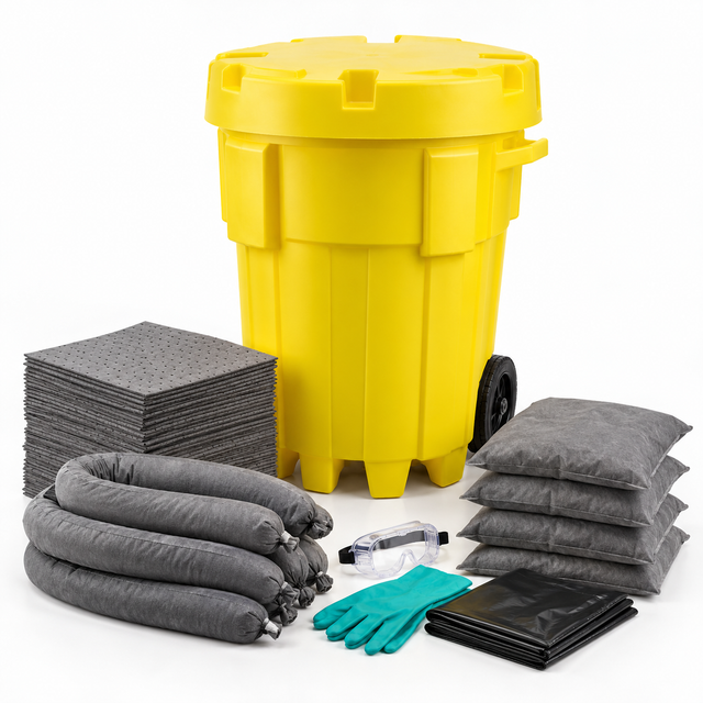 95 gallon universal wheeled spill kit with yellow wheeled overpack container, absorbent pads, socks, pillows, gloves, and goggles for oil, coolant, water, and general liquid spill response.