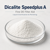 Dicalite Speedplus A fine DE filter aid in a glass bowl on a light background