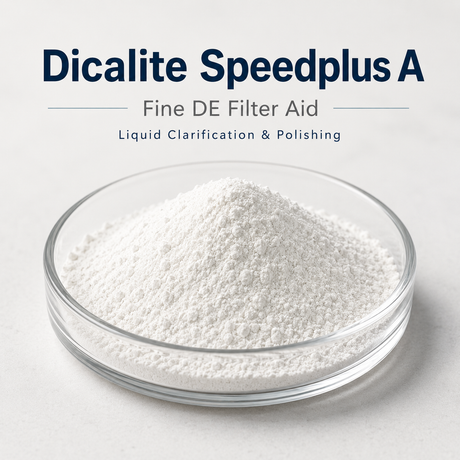 Dicalite Speedplus A fine DE filter aid in a glass bowl on a light background