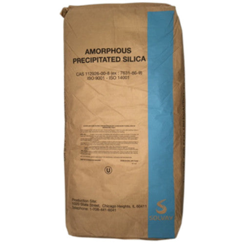 Brown bag with blue stripe labeled 'Amorphous Precipitated Silica' on a white background from Solvay 