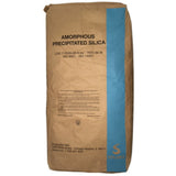 Brown bag with blue stripe labeled 'Amorphous Precipitated Silica' on a white background from Solvay 