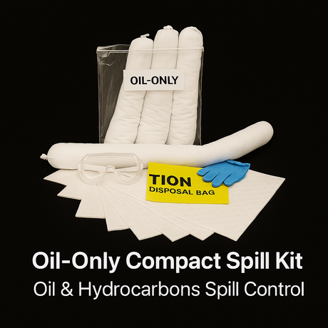 Oil-only compact spill kit with gloves, wipes, and disposal bag on a black background