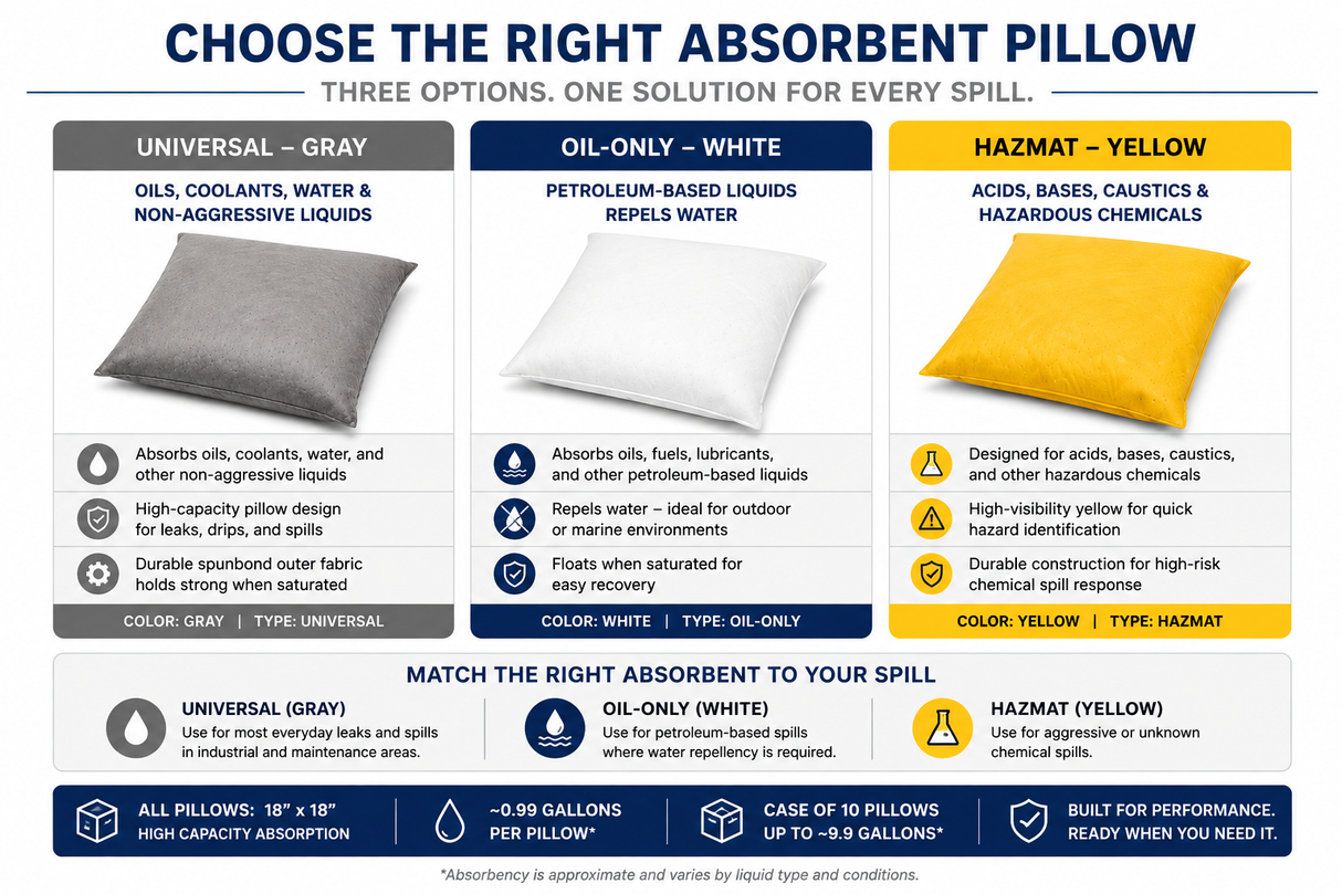 Absorbent pillow selection guide comparing universal gray, oil-only white and hazmat yellow spill control pillows