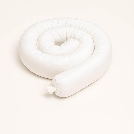 Coiled white oil-only absorbent sock, 3 inches by 48 inches, for oil and petroleum spill containment in industrial and marine environments.