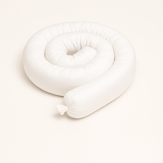 Coiled white oil-only absorbent sock, 3 inches by 48 inches, for oil and petroleum spill containment in industrial and marine environments.